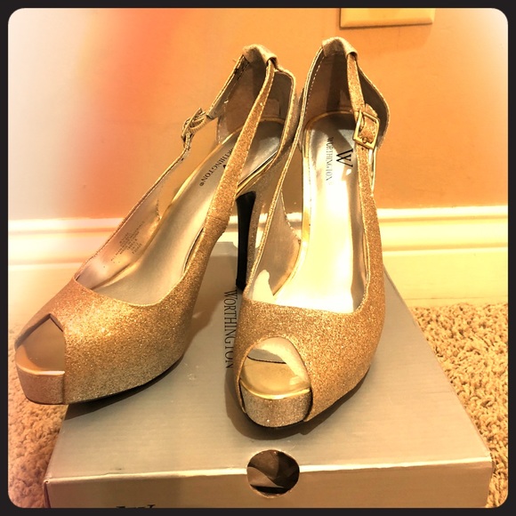 Shoes - Gold and silver glitter peep toe platform heels